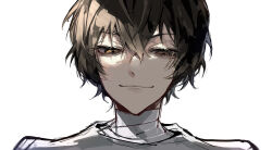 Rule 34 | 1boy, absurdres, bandaged neck, bandages, black hair, brown eyes, bungou stray dogs, closed mouth, dazai osamu (bungou stray dogs), hair between eyes, highres, looking at viewer, male focus, portrait, shirt, short hair, simple background, smile, solo, white background, white shirt, ya ta