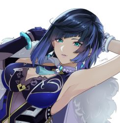 Rule 34 | 1girl, aqua eyes, arm up, armpits, asymmetrical gloves, asymmetrical hair, black hair, blue hair, bob cut, breasts, cleavage, commentary, diagonal bangs, dice, dutch angle, earrings, elbow gloves, genshin impact, gloves, gradient hair, highres, jacket, jacket on shoulders, jewelry, large breasts, looking at viewer, mismatched gloves, mole, mole on breast, multicolored hair, parted lips, pink lips, signature, simple background, single elbow glove, smile, solo, submarine (o0azure0o), tassel choker, two-tone hair, upper body, white background, yelan (genshin impact)