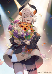 Rule 34 | 1girl, :d, bare shoulders, black coat, black gloves, black shorts, blue eyes, blush, bouquet, bow, coat, copyright name, demon horns, falling petals, fangs, flower, gloves, gradient bow, gradient necktie, hair ornament, hairclip, holding, holding bouquet, horns, leg tattoo, levi elipha, levi elipha (1st costume), necktie, nijisanji, official art, open mouth, orange bow, orange flower, petals, purple flower, short hair, shorts, smile, solo, spotlight, tattoo, teeth, tongue, umiu geso, virtual youtuber, white flower, white hair, x hair ornament