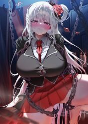 Rule 34 | 1girl, barefoot, black jacket, blush, breasts, chain, collared shirt, commission, flower, hair flower, hair ornament, highres, huge breasts, jacket, long hair, long sleeves, looking at viewer, necktie, original, parted lips, pleated skirt, red eyes, red necktie, red skirt, restrained, shirt, skirt, solo, thighs, white hair, white shirt, yampa