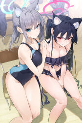 Rule 34 | 2girls, absurdres, animal ear fluff, animal ears, bikini, bikini skirt, black hair, blue archive, blue eyes, blush, breasts, chair, closed mouth, cross hair ornament, desk, extra ears, frilled bikini, frills, from above, grey hair, hair ornament, halo, highres, jjjsss, medium breasts, mismatched pupils, multiple girls, official alternate costume, one-piece swimsuit, parted lips, ponytail, red eyes, serika (blue archive), serika (swimsuit) (blue archive), shiroko (blue archive), shiroko (swimsuit) (blue archive), sitting, small breasts, swimsuit, thighs, twintails, v-shaped eyebrows, wolf ears, wolf girl