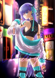 Rule 34 | 1girl, back, bare shoulders, bat hair ornament, bbyau (yoyosobadgril), black shirt, black shorts, blue eyes, blue legwear, blue ribbon, breasts, candy, character name, cityscape, collar, crop top, doll, earrings, fate/extra, fate/extra ccc, fate/grand order, fate (series), food, fujimaru ritsuka (female), fujimaru ritsuka (female) (polar chaldea uniform), hair ornament, hair ribbon, highres, jacket, jewelry, lollipop, long hair, long sleeves, looking at viewer, looking back, meltryllis (fate), off shoulder, open clothes, open jacket, polar chaldea uniform, purple hair, ribbon, shirt, shorts, signature, sleeves past fingers, sleeves past wrists, small breasts, smile, tattoo, very long hair, white jacket