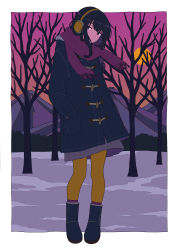Rule 34 | 1girl, absurdres, black footwear, black hair, boots, border, covered mouth, earmuffs, full body, grey skirt, hands in pockets, highres, long hair, original, pantyhose, pleated skirt, purple scarf, scarf, shi oo, skirt, solo, standing, tree, white border, yellow pantyhose