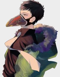 Rule 34 | 1boy, absurdres, black hair, black shirt, boku no hero academia, chacoma, collared shirt, feather-trimmed jacket, feathers, green jacket, highres, jacket, male focus, mask, mouth mask, necktie, overhaul (boku no hero academia), plague doctor mask, purple feathers, shirt, short hair, solo, very short hair, white necktie, yellow eyes