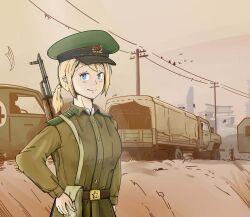 Rule 34 | 1girl, 6+others, absurdres, akm, ambulance, arm at side, army, assault rifle, belt, belt buckle, bird, black hat, blonde hair, blue eyes, brown belt, brown jacket, buckle, building, buttons, car, closed mouth, collar tabs, collared jacket, commentary request, cross, day, dirt, epaulettes, green hat, gun, gun sling, hand on own hip, hat, hat ornament, highres, holster, jacket, johnsuna, kalashnikov rifle, long sleeves, looking at viewer, military, military hat, military uniform, military vehicle, motion lines, motor vehicle, multiple others, original, outdoors, paper, peaked cap, people, ponytail, power lines, red star, rifle, sepia background, shirt, short hair, smile, solo, solo focus, soviet, soviet border troops, star (symbol), star hat ornament, truck, two-tone headwear, uniform, upper body, utility pole, war in afghanistan, weapon, weapon on back, white shirt