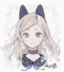 Rule 34 | 1girl, :&lt;, animal ear hairband, animal ears, blonde hair, blue ribbon, bright pupils, cat ear hairband, cat ears, choker, collarbone, commentary, cropped shoulders, dangle earrings, earrings, fake animal ears, flower earrings, fusuma (nohbrk), green eyes, hair ornament, hairband, hairclip, highres, jewelry, lace, lace-trimmed collar, lace choker, lace trim, light blush, light smile, long hair, looking at viewer, messy hair, neck ribbon, original, parted bangs, portrait, rhinestone, ribbon, short eyebrows, signature, slit pupils, solo, straight-on, symbol-only commentary, white pupils