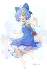 Rule 34 | 1girl, ahoge, artist name, bag, blue bow, blue dress, blue eyes, blue hair, bow, cirno, dress, fairy, fang, hair bow, highres, ice, ice wings, open mouth, short hair, shoulder bag, signature, simple background, siyumu, smile, solo, touhou, white background, wings
