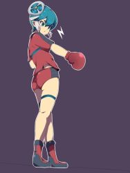 Rule 34 | 1boy, artist request, ass, back, bad id, bad pixiv id, blue eyes, boots, boxing gloves, eyelashes, gloves, inazuma eleven, inazuma eleven (series), kneepits, looking down, looking to the side, male focus, maquia, purple background, red shirt, shirt, shoes, short shorts, short sleeves, shorts, simple background, solo, standing, thigh strap