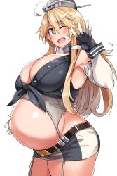 Rule 34 | asymmetrical legwear, belt, belt buckle, blonde hair, blue eyes, breasts, buckle, elbow gloves, fingerless gloves, front-tie top, garter straps, gloves, hair between eyes, hand up, headgear, highres, huge breasts, iowa (kancolle), kantai collection, kuronyan, looking at viewer, miniskirt, mismatched legwear, one eye closed, open mouth, pregnant, simple background, skindentation, skirt, star-shaped pupils, star (symbol), stomach bulge, striped, symbol-shaped pupils, thighhighs, vertical stripes, waving, white background