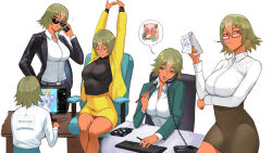 Rule 34 | 3girls, arms up, artist name, breasts, business suit, cellphone, chair, chopsticks, closed mouth, commentary, dark-skinned female, dark skin, fingernails, fire emblem, fire emblem heroes, fjorm (fire emblem), food, formal, glasses, gradient hair, green hair, highres, holding, keyboard (computer), laegjarn (fire emblem), laevatein (fire emblem), long hair, long sleeves, looking at viewer, medium breasts, meziosaur, monitor, mouth hold, multicolored hair, multiple girls, multiple views, nintendo, notepad, office lady, open clothes, open mouth, orange hair, paper, phone, shirt, short hair, signature, simple background, skirt, suit, sunglasses, sushi, table, white shirt