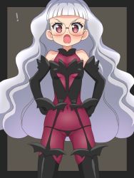 Rule 34 | !, 1girl, awa, blush, character request, covered navel, elbow gloves, glasses, gloves, long hair, looking at viewer, open mouth, simple background, solo, thighhighs, thong, white hair