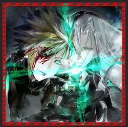 2boys alternate_eye_color aqua_eyes armor black_coat black_gloves black_sweater blonde_hair blood blood_in_hair blood_on_face border bright_pupils cloud_strife coat final_fantasy final_fantasy_vii final_fantasy_vii_remake gloves grey_hair gun hands_up high_collar holding holding_gun holding_weapon inset_border long_bangs long_hair looking_at_viewer male_focus multiple_boys parted_bangs pauldrons red_border sephiroth short_hair shoulder_armor single_pauldron sleeveless sleeveless_sweater sleeveless_turtleneck slit_pupils smile spiked_hair suspenders sweater tangxhzhyf turtleneck turtleneck_sweater upper_body weapon