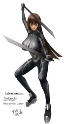 Rule 34 | 1girl, absurdres, black bodysuit, blunt bangs, bodysuit, bracer, breasts, brown hair, closed mouth, commentary request, commission, dark-skinned female, dark skin, dual wielding, felicia castro, floating hair, full body, gloves, green eyes, highres, hime cut, holding, holding sword, holding weapon, impossible bodysuit, impossible clothes, large breasts, lips, long hair, looking at viewer, mole, mole under mouth, original, pixiv commission, sankyo (821-scoville), serious, shiny clothes, skin tight, solo, standing, sword, weapon, white background