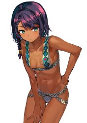 Rule 34 | 1girl, bikini, braid, breasts, collarbone, dark-skinned female, dark skin, female focus, hand on own hip, hand on thigh, highres, konbu wakame, leaning forward, looking at viewer, mole, mole on breast, mole on neck, mole on thigh, mole under eye, navel, original, revision, short hair with long locks, simple background, small breasts, solo, swimsuit, thigh gap, white background