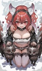 Rule 34 | 1girl, animal, animal ear fluff, animal ears, black collar, black hair, breasts, cleavage, collar, dog, facial mark, fangs, hair between eyes, highres, large breasts, long hair, looking at viewer, midriff, mole, mole on breast, multicolored hair, navel, open mouth, original, red eyes, red hair, smile, solo, thighhighs, thighs, two-tone hair, voruvoru, white thighhighs