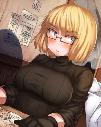 Rule 34 | 1girl, bad id, bad pixiv id, belko, black sweater, blonde hair, blue eyes, blunt bangs, blush, bob cut, book, breasts, commentary request, corinne (sennen sensou aigis), curtains, dutch angle, eyebrows, glasses, gloves, indoors, large breasts, looking at viewer, paper, parted lips, red-framed eyewear, semi-rimless eyewear, sennen sensou aigis, short hair, sitting, solo, sweater, taut clothes, tsurime, turtleneck, under-rim eyewear, upper body