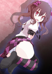 Rule 34 | 1girl, ass, bad id, bad pixiv id, black thighhighs, brown hair, checkered clothes, checkered skirt, feet, female focus, floral print, hat, highres, himekaidou hatate, leg ribbon, looking back, oouso, panties, pantyshot, print panties, red eyes, ribbon, scared, short hair, skirt, socks, solo, tears, thighhighs, tokin hat, touhou, twintails, underwear, upskirt