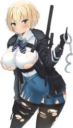 Rule 34 | 1girl, ammunition pouch, belt buckle, black coat, black gloves, black jacket, black thighhighs, blonde hair, blue eyes, blue neckwear, blue ribbon, blue skirt, blush, breasts, buckle, coat, collared shirt, covered navel, cuffs, fur-trimmed coat, fur-trimmed jacket, fur trim, girls&#039; frontline, gloves, gun, hair ornament, handcuffs, harness, highres, holding, holding handcuffs, jacket, large breasts, leaning forward, long sleeves, miamuly, miniskirt, mole, mole under eye, no bra, panties, panty peek, pencil skirt, pouch, ribbon, rifle, scope, shirt, shirt tucked in, short hair, skirt, snap-fit buckle, sniper rifle, snowflake hair ornament, solo, standing, suppressor, thigh pouch, thigh strap, thighhighs, torn clothes, torn jacket, torn shirt, torn skirt, torn thighhighs, underwear, vsk-94, vsk-94 (girls&#039; frontline), walkie-talkie, weapon, weapon on back, white shirt