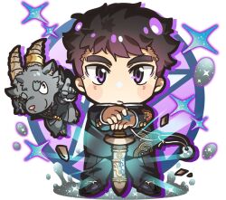 Rule 34 | 2boys, animal ear fluff, animal ears, black hair, black jacket, black outline, black pants, blush stickers, chibi, chibi only, drop shadow, furry, furry male, gakuran, glint, glowing, goat boy, goat ears, goat horns, grey fur, hand tattoo, highres, holding, holding sword, holding weapon, horn ornament, horn ring, horns, index finger raised, jacket, loafers, looking at another, looking at viewer, male focus, multiple boys, nizitaro, outline, pants, pentagram tattoo, protagonist 5 (housamo), purple eyes, salomon (housamo), school uniform, shoes, short hair, sword, tattoo, thick eyebrows, tokyo houkago summoners, weapon
