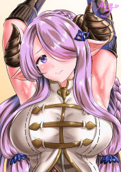 Rule 34 | 10s, 1girl, armpits, arms up, blush, braid, breasts, closed mouth, draph, elbow gloves, gloves, granblue fantasy, hair ornament, hair over one eye, horns, kasugano tobari, large breasts, light purple hair, long hair, looking at viewer, low twintails, narmaya (granblue fantasy), pointy ears, purple eyes, signature, solo, sweat, twintails, upper body
