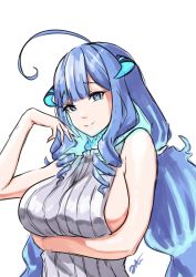 Rule 34 | 1girl, absurdres, ahoge, arm under breasts, blue eyes, blue hair, breasts, commentary, english commentary, fire, highres, horns, large breasts, long hair, looking at viewer, meme attire, prism project, qtini, rikudou yura, sideboob, sketch, smile, solo, upper body, virgin killer sweater, virtual youtuber, white background, x x