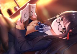 Rule 34 | 1girl, black hair, black jacket, black pantyhose, blue bow, book, bow, brown cardigan, brown eyes, cardigan, cardigan vest, collared shirt, couch, dutch angle, expressionless, glasses, hair ornament, highres, holding, holding book, indoors, jacket, legs together, long hair, looking at viewer, lying, manga (object), miso (misomiso 154), on back, original, pantyhose, plant, potted plant, reading, shirt, white shirt, window