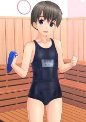 Rule 34 | 1girl, absurdres, black hair, blue eyes, blue headwear, blue one-piece swimsuit, commentary request, day, flat chest, highres, indoors, looking at viewer, name tag, new school swimsuit, one-piece swimsuit, one-piece tan, open mouth, original, round teeth, sauna, school swimsuit, short hair, smile, solo, standing, unworn swim cap, swimsuit, takafumi, tan, tanline, teeth, upper teeth only