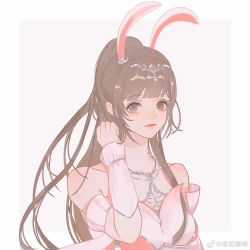 Rule 34 | 1girl, animal ears, arm up, bare shoulders, blush, brown hair, closed mouth, douluo dalu, dress, hair ornament, hair strand, highres, looking at viewer, pink dress, ponytail, rabbit ears, shi si jia a, solo, upper body, white background, xiao wu (douluo dalu)