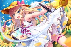 Rule 34 | 1girl, :d, bare arms, bare shoulders, blonde hair, blue eyes, blush, bow, braid, breasts, brown hat, commentary request, day, drawing tablet, dress, dutch angle, field, flower, flower field, hair between eyes, hair ornament, hat, hat bow, highres, holding, holding stylus, huion, long hair, looking at viewer, open mouth, original, outdoors, petals, pink bow, pink ribbon, ribbon, round teeth, samoore, sleeveless, sleeveless dress, small breasts, smile, solo, standing, straw hat, stylus, summer, sundress, sunflower, sunflower field, teeth, twin braids, upper teeth only, very long hair, white dress, yellow flower