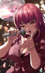 Rule 34 | 1girl, absurdres, anno masato, blush, bracelet, breasts, cleavage, disco ball, earrings, fang, heart, heart earrings, heterochromia, highres, holding, holding microphone, hololive, houshou marine, jewelry, large breasts, long hair, microphone, nail polish, open mouth, pink nails, red eyes, red hair, red shirt, shirt, short sleeves, solo, upper body, virtual youtuber, yellow eyes