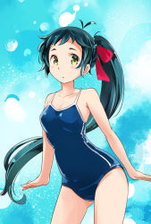 Rule 34 | 10s, 1girl, blush, breasts, competition school swimsuit, gradient background, green eyes, green hair, irako (kancolle), kantai collection, long hair, looking at viewer, matching hair/eyes, moupii (hitsuji no ki), one-piece swimsuit, open mouth, ponytail, school swimsuit, small breasts, solo, swimsuit
