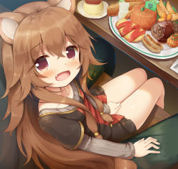 Rule 34 | 1girl, 1other, animal ear fluff, animal ears, black dress, brown eyes, brown hair, chair, child, dress, fang, flag, food, from above, from behind, hamburger steak, hand on own thigh, highres, ketchup, long hair, looking back, looking up, okosama lunch, open mouth, pasta, plate, pov, psyche3313, pudding, raccoon ears, raccoon tail, raphtalia, red dress, sausage, short dress, shrimp, shrimp tempura, sitting, sitting on lap, sitting on person, smile, solo focus, spaghetti, tail, tate no yuusha no nariagari, tempura