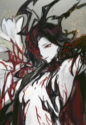 Rule 34 | 1girl, armpits, black gloves, black hair, blood, blood on body, blood vessels, breasts, claws, elena (project moon), gloves, library of ruina, long hair, looking down, mask over one eye, medium breasts, nishikujic, pale skin, parted lips, project moon, red eyes, smoke, solo, upper body, vampire, very long hair