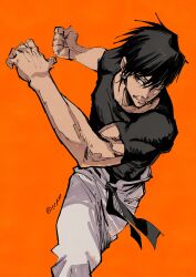 Rule 34 | 1boy, absurdres, bandaid, bandaid on face, black hair, black shirt, clenched hand, commentary request, cowboy shot, fushiguro touji, highres, incoming attack, jujutsu kaisen, looking to the side, male focus, max801115, muscular, orange background, pants, shirt, short hair, simple background, solo, t-shirt, twitter username, white pants