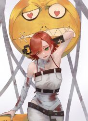 Rule 34 | 1girl, a.b.a, bags under eyes, bandaged chest, bandaged neck, bandages, bare shoulders, blood, bloody bandages, chain, green eyes, guilty gear, guilty gear xx, hair over one eye, highres, key in head, kurutontyan, looking at viewer, object through head, pale skin, paracelsus (guilty gear), red hair, short hair, stitched mouth, stitches