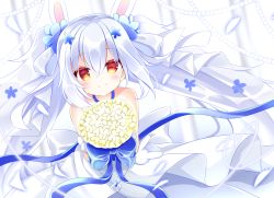 Rule 34 | 1girl, animal ears, azur lane, bare shoulders, blue flower, blurry, blurry background, blush, bouquet, closed mouth, commentary request, depth of field, dress, flower, grey ribbon, hair between eyes, hair flower, hair ornament, hair ribbon, holding, holding bouquet, laffey (azur lane), laffey (white rabbit&#039;s oath) (azur lane), long hair, looking at viewer, rabbit ears, red eyes, ribbon, shikito (yawa0w0), silver hair, smile, solo, very long hair, wedding dress, white dress, yellow flower