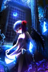 Rule 34 | 1girl, alternate costume, bat (animal), bat wings, blue hair, bow, chain, fang, flower, full moon, hair flower, hair ornament, highres, iron bars, looking at viewer, moon, moonlight, night, nightgown, off shoulder, open mouth, pengin (takeoff425), pillar, red eyes, red rose, remilia scarlet, rose, short hair, sky, solo, star (sky), starry sky, touhou, window, wings