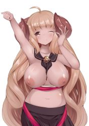 Rule 34 | 10s, 1girl, ahoge, anila (granblue fantasy), bad id, bad pixiv id, bare shoulders, blush, breasts, brown eyes, brown hair, byakuya mika, draph, female focus, granblue fantasy, highres, horns, large breasts, long hair, looking at viewer, midriff, navel, nipples, one eye closed, plump, shiny skin, simple background, smile, solo, very long hair, white background, wide hips