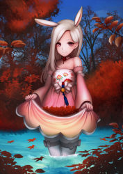 Rule 34 | 1girl, animal ears, autumn, autumn leaves, bare shoulders, clothes lift, detached sleeves, dress, dress lift, elin, extra ears, highres, leaf, long hair, madan (kkh8936), pink dress, pink eyes, rabbit ears, silver hair, skirt basket, smile, solo, strapless, strapless dress, tera online, thighhighs, tree, wading, water, white thighhighs