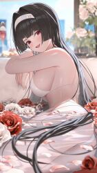 1girl :d alternate_costume ass astra_yao back bare_shoulders bikini black_hair blurry blurry_background breasts commentary elbow_rest feet_out_of_frame flower from_side hair_intakes hairband highres indoors jumonji large_breasts light_blush long_hair looking_at_viewer open_mouth paid_reward_available red_eyes red_flower red_rose rose sideboob smile solo swimsuit thighs very_long_hair wet white_bikini white_flower white_hairband white_rose zenless_zone_zero