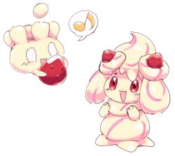 Rule 34 | alcremie, alcremie (strawberry sweet), alcremie (vanilla cream), blank eyes, blonde hair, blush, colored sclera, creatures (company), evolutionary line, eye contact, floating, food, fruit, full body, game freak, gen 8 pokemon, hands up, happy, holding, long hair, looking at another, milcery, multicolored hair, musical note, nintendo, no humans, open mouth, pink hair, pokemon, pokemon (creature), red eyes, red sclera, shiny skin, simple background, smile, speech bubble, spoken musical note, standing, strawberry, streaked hair, suzumushi (tanpopo cha), two-tone hair, white background, white eyes