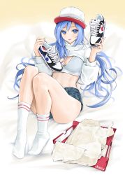 Rule 34 | 1girl, artist name, baseball cap, bed sheet, blue eyes, blue hair, box, breasts, chaesu, cleavage, crop top, denim, denim shorts, full body, hat, highres, holding, holding shoes, knees up, legs, long hair, looking at viewer, lying, medium breasts, bae minah (chaesu), no shoes, on back, original, parted lips, shoelaces, shoes, shorts, smile, sneakers, socks, solo, thighs, wavy hair