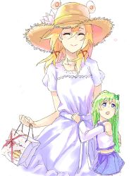 Rule 34 | 2girls, adapted costume, aged down, aged up, alternate costume, bad id, bad pixiv id, blonde hair, blue eyes, blue skirt, child, closed eyes, detached sleeves, dress, dress grab, frog hair ornament, green hair, hair between eyes, hair ornament, hat, kochiya sanae, long hair, looking up, miniskirt, moriya suwako, multiple girls, open mouth, pyonta, short sleeves, simple background, skirt, smile, straw hat, sw (2311550438), touhou, white dress