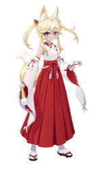 Rule 34 | 1girl, absurdres, animal ear fluff, animal ears, bare shoulders, bell, black choker, blonde hair, blue eyes, bow, branch, brown footwear, choker, closed mouth, commentary request, detached sleeves, eyebrows hidden by hair, flower, fox ears, fox girl, fox tail, full body, hair between eyes, hakama, hakama skirt, highres, japanese clothes, jingle bell, kimono, long hair, long sleeves, looking at viewer, miko, multicolored hair, neck bell, original, pink flower, red bow, red hakama, sandals, sidelocks, simple background, skirt, sleeveless, sleeveless kimono, smile, socks, solo, standing, streaked hair, tabi, tail, twintails, white background, white hair, white kimono, white sleeves, white socks, wide sleeves, youtuou, zouri