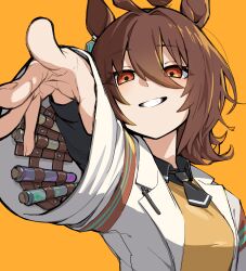 Rule 34 | 1girl, agnes tachyon (umamusume), ahoge, animal ears, bandolier, black necktie, black shirt, blush, brown hair, chemical structure, coat, collared shirt, commentary request, cork, earrings, grin, hair between eyes, highres, horse ears, horse girl, jewelry, lab coat, long sleeves, looking at viewer, necktie, open clothes, open coat, outstretched hand, pen, quraqura nemii, red eyes, shirt, short hair, simple background, single earring, smile, solo, sweater vest, teeth, test tube, umamusume, upper body, white coat, yellow background, yellow sweater vest