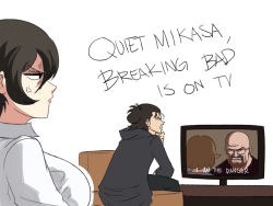 Rule 34 | 1boy, 1girl, anger vein, bald, beard, breaking bad, breasts, closed mouth, coat, couch, english text, eren yeager, facial hair, glasses, highres, large breasts, mikasa ackerman, shingeki no kyojin, sitting, skyler white, television, tina fate, walter white, watching television