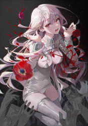 Rule 34 | 1girl, bikini, breasts, broken, broken chain, buri (retty9349), chain, commentary, cuffs, dress, floating hair, flower, grey bikini, grey dress, grey thighhighs, hands up, highres, light particles, long hair, long sleeves, looking at viewer, medium breasts, open mouth, original, red eyes, red flower, sideways glance, solo focus, string bikini, swimsuit, symbol-only commentary, teeth, thighhighs, thighs, upper teeth only, very long hair