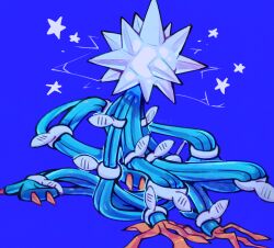 Rule 34 | alternate color, blue background, cable, commentary request, creatures (company), game freak, gen 7 pokemon, kokemushi (kuru fox), nintendo, no humans, pokemon, pokemon (creature), shiny pokemon, simple background, solo, spikes, star (symbol), ultra beast, xurkitree
