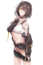 Rule 34 | 1girl, ;), absurdres, ahoge, arm tattoo, azur lane, baltimore (azur lane), baltimore (black ace) (azur lane), bare shoulders, black choker, black shorts, braid, breasts, brown hair, brown jacket, chest tattoo, choker, clothes pull, collarbone, commentary, cowboy shot, english commentary, flower tattoo, french braid, grin, hair between eyes, hand up, highres, index finger raised, jacket, large breasts, long sleeves, looking at viewer, midriff, mixed-language commentary, navel, off shoulder, official alternate costume, one eye closed, painttool sai (medium), panties, panty pull, partially unzipped, red panties, short hair, short shorts, shorts, shorts pull, shoulder tattoo, sidelocks, signature, simple background, sleeves past wrists, smile, solo, sports bra, standing, stomach tattoo, sweat, tattoo, underwear, white background, white sports bra, xevxt, yellow eyes