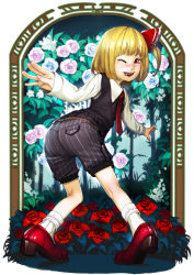 Rule 34 | 1girl, alternate costume, ass, blonde hair, bow, fangs, flower, freckles, hair bow, looking back, mary janes, necktie, ninny-world, one eye closed, one side up, pinstripe pattern, red eyes, red footwear, red necktie, rose, rumia, shoes, short hair, shorts, socks, striped clothes, striped shorts, sweater vest, tiptoes, tongue, touhou, vertical-striped clothes, vertical-striped shorts, wink